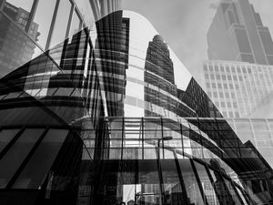 Preview wallpaper city, glass, reflection, street, windows, edges, bw