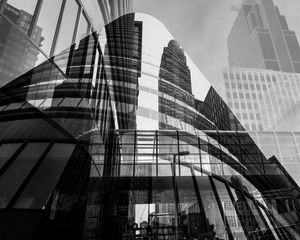Preview wallpaper city, glass, reflection, street, windows, edges, bw
