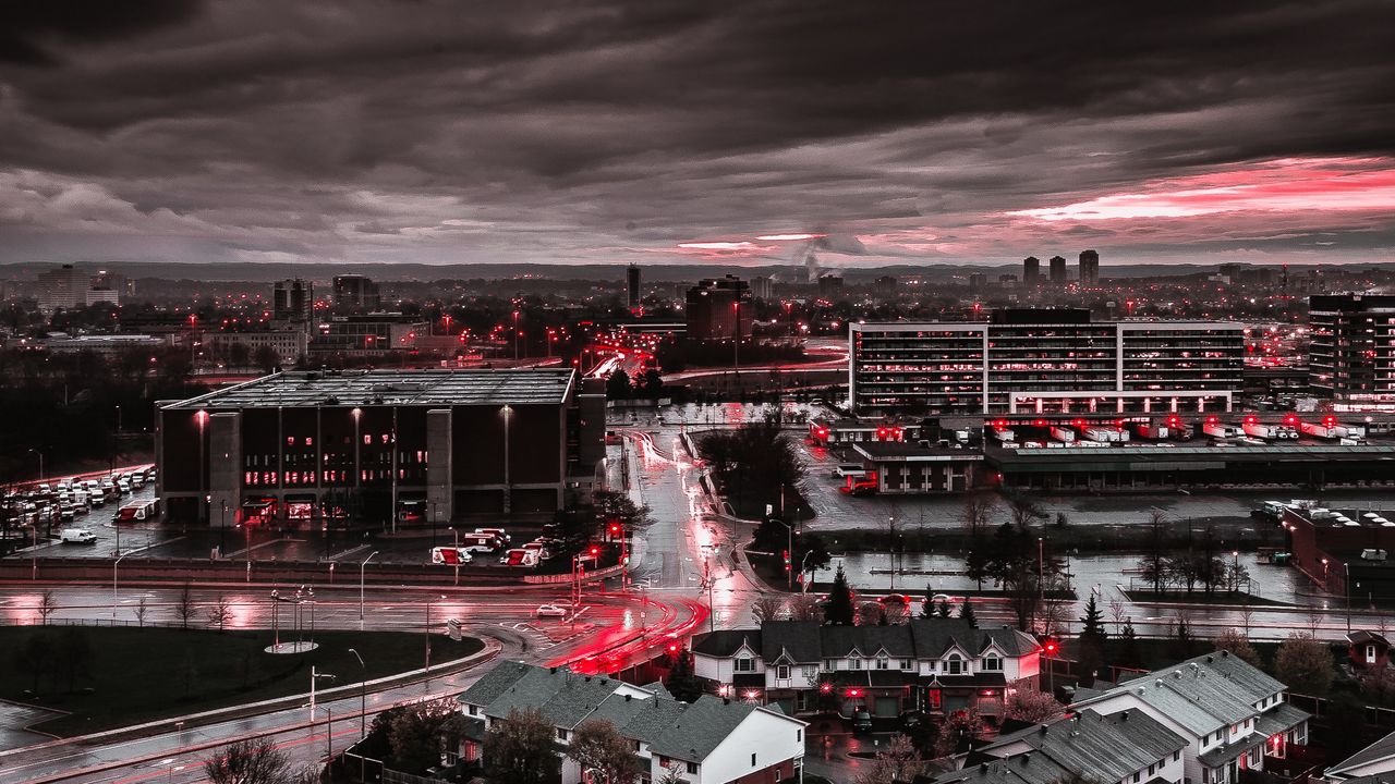 Wallpaper city, gray, wet, after rain, lights, red, contrast