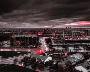 Preview wallpaper city, gray, wet, after rain, lights, red, contrast