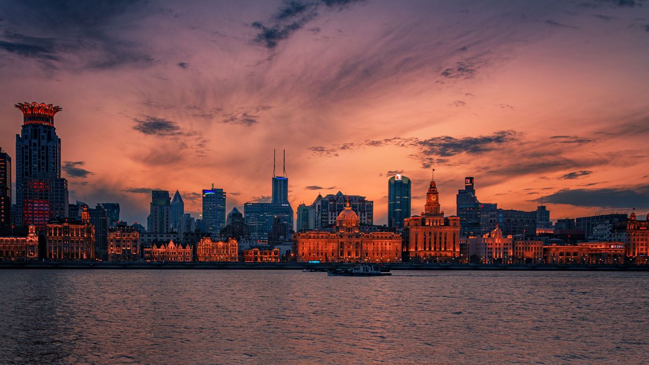 Wallpaper city, horizon, water, evening