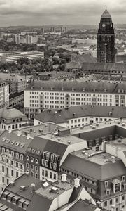 Preview wallpaper city, houses, buildings, tower, clock, black and white