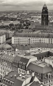 Preview wallpaper city, houses, buildings, tower, clock, black and white