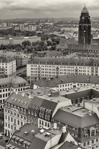 Preview wallpaper city, houses, buildings, tower, clock, black and white