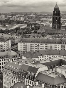 Preview wallpaper city, houses, buildings, tower, clock, black and white