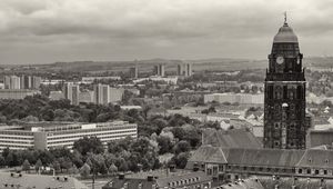 Preview wallpaper city, houses, buildings, tower, clock, black and white