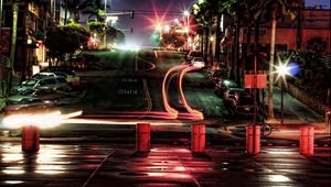 Preview wallpaper city, houses, cars, street, megapolis, night lights