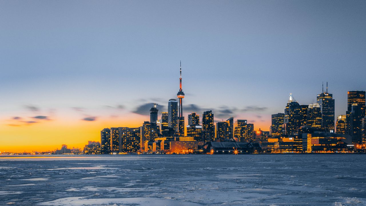 Wallpaper city, ice, sunset, lights