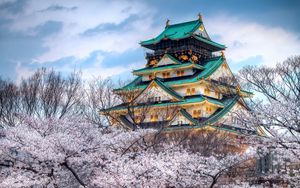 Preview wallpaper city, japan, temple, sky, spring, cherry, color