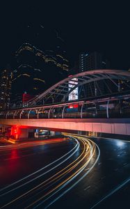 Preview wallpaper city, light, long exposure, road, bridge, buildings