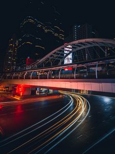 Preview wallpaper city, light, long exposure, road, bridge, buildings