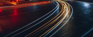 Preview wallpaper city, light, long exposure, road, bridge, buildings