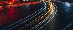 Preview wallpaper city, light, long exposure, road, bridge, buildings