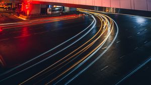 Preview wallpaper city, light, long exposure, road, bridge, buildings