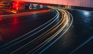 Preview wallpaper city, light, long exposure, road, bridge, buildings