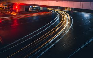 Preview wallpaper city, light, long exposure, road, bridge, buildings