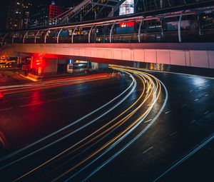 Preview wallpaper city, light, long exposure, road, bridge, buildings