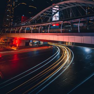 Preview wallpaper city, light, long exposure, road, bridge, buildings