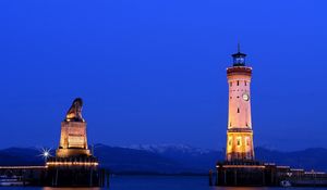 Preview wallpaper city, lighthouse, water, light, sky, blue