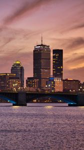 Preview wallpaper city, lights, bridge, river, dusk