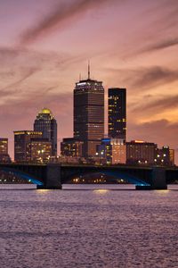 Preview wallpaper city, lights, bridge, river, dusk