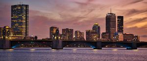 Preview wallpaper city, lights, bridge, river, dusk