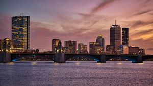 Preview wallpaper city, lights, bridge, river, dusk