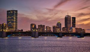 Preview wallpaper city, lights, bridge, river, dusk
