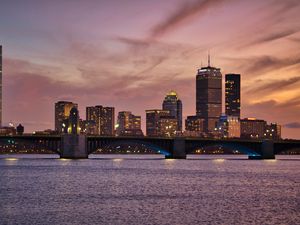 Preview wallpaper city, lights, bridge, river, dusk