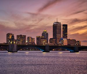 Preview wallpaper city, lights, bridge, river, dusk