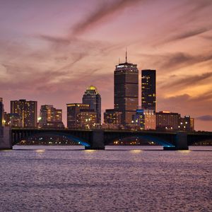 Preview wallpaper city, lights, bridge, river, dusk