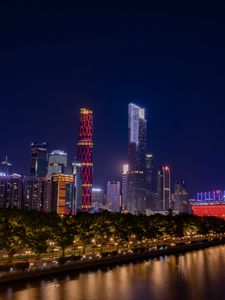 Preview wallpaper city, lights, buildings, night, water, reflection