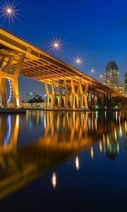 Preview wallpaper city, lights, dusk, bridge, house