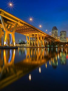 Preview wallpaper city, lights, dusk, bridge, house