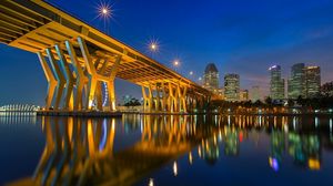 Preview wallpaper city, lights, dusk, bridge, house