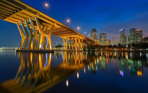 Preview wallpaper city, lights, dusk, bridge, house