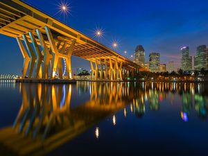 Preview wallpaper city, lights, dusk, bridge, house