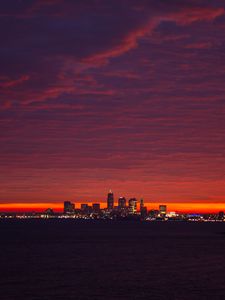 Preview wallpaper city, lights, sea, sunset, dark