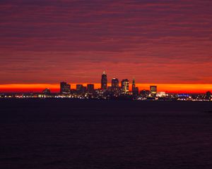 Preview wallpaper city, lights, sea, sunset, dark