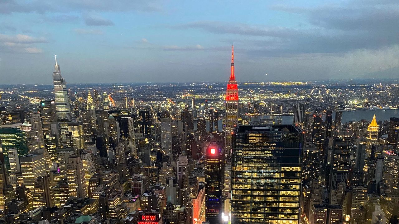 Wallpaper city, metropolis, aerial view, buildings, lights, twilight