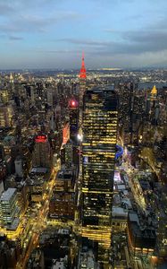 Preview wallpaper city, metropolis, aerial view, buildings, lights, twilight