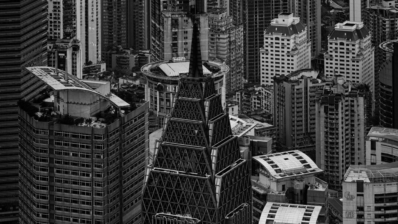 Wallpaper city, metropolis, buildings, aerial view, black and white