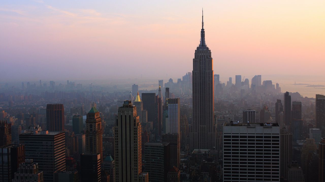 Wallpaper city, metropolis, buildings, skyscrapers, aerial view, fog, new york