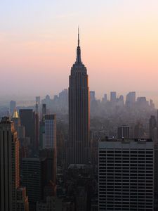 Preview wallpaper city, metropolis, buildings, skyscrapers, aerial view, fog, new york