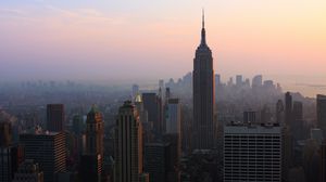 Preview wallpaper city, metropolis, buildings, skyscrapers, aerial view, fog, new york