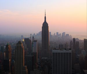 Preview wallpaper city, metropolis, buildings, skyscrapers, aerial view, fog, new york