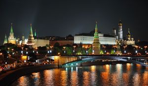 Preview wallpaper city, moscow, night, lights, bridge, reflection, river