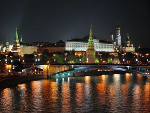 Preview wallpaper city, moscow, night, lights, bridge, reflection, river