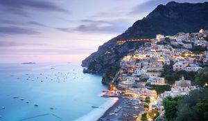 Preview wallpaper city, mountain, coast, buildings, beach