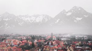 Preview wallpaper city, mountains, aerial view, buildings, fog
